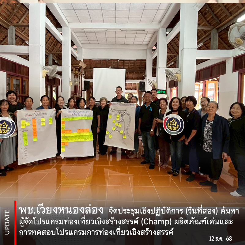 พช. เวียงหนองล่อง จัดประชุมเชิงปฏิบัติการ (วันที่สอง) โครงการส่งเสริมการท่องเที่ยวชุมชน กิจกรรมค้นหาผู้จัดโปรแกรมท่องเที่ยวเชิงสร้างสรรค์ (Champ) ผลิตภัณฑ์เด่นและการทดสอบโปรแกรมการท่องเที่ยวเชิงสร้างสรรค์