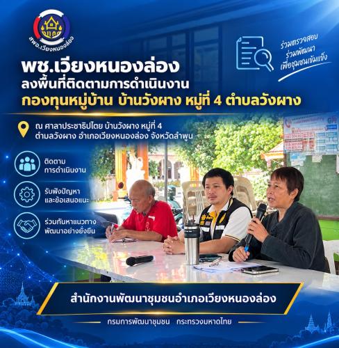 พช.เวียงหนองล่อง ลงพื้นที่ติดตามการดำเนินงานกองทุนหมู่บ้าน บ้านวังผาง หมู่ที่ 4 ตำบลวังผาง อำเภอเวียงหนองล่อง จังหวัดลำพูน